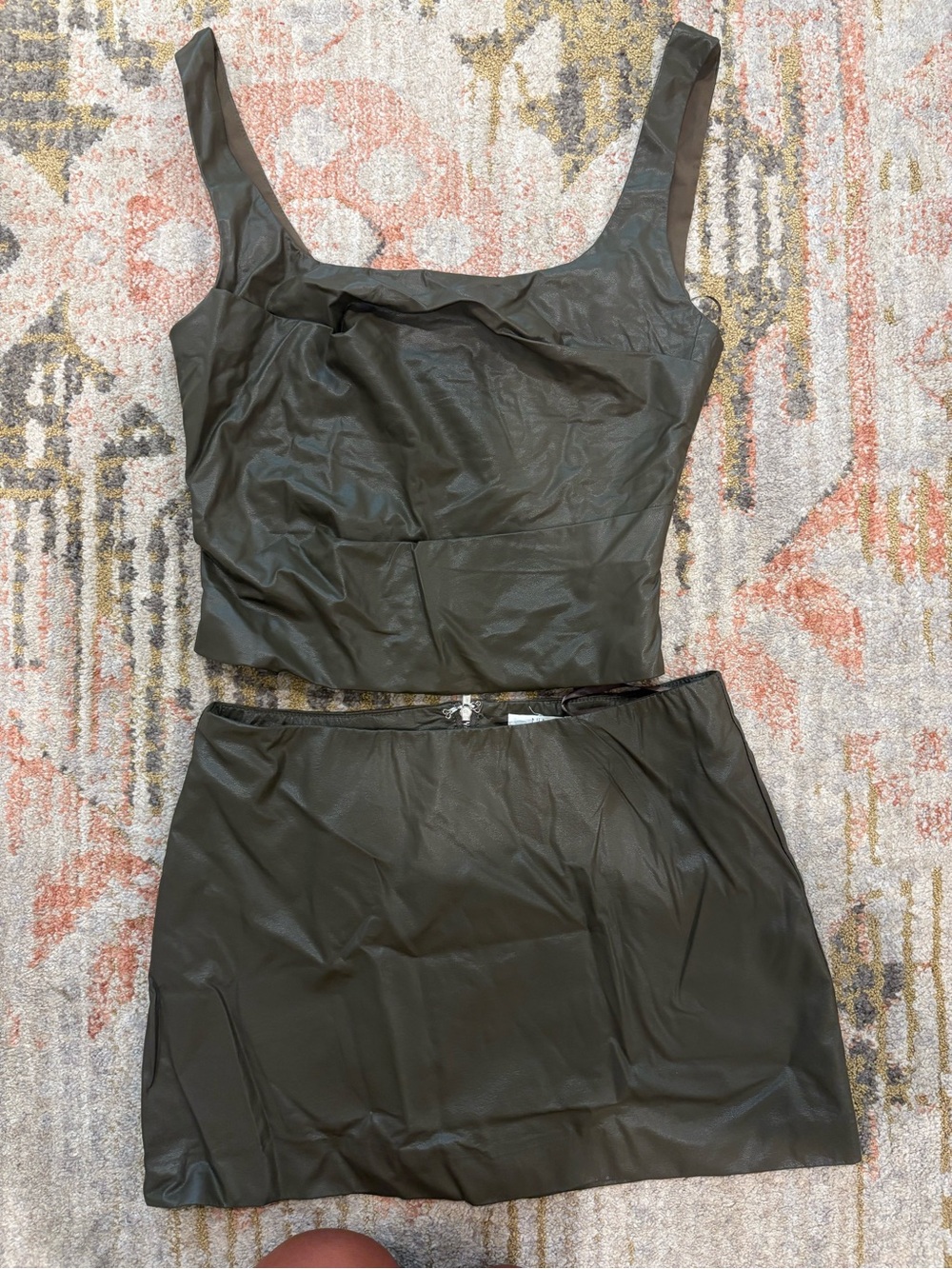 Faux Leather Mini Dress Set in Dark Olive — Sleeveless Crop Top & Mini Skirt